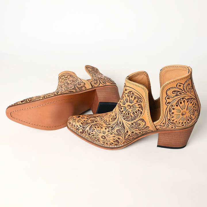 LS Western - Wholesale Cowboy Boots - Women's - LC-ADFT165 Women's Tan Tooled Leather Western Ankle Boots - American Darling Cowgirl Booties6