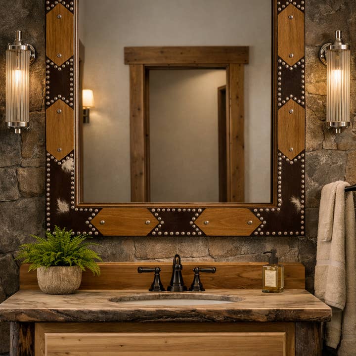 Ember & Elm Home Decor & More - Wholesale Wall Mirror - Artisan Studded Wood Mirror with Genuine Cowhide0