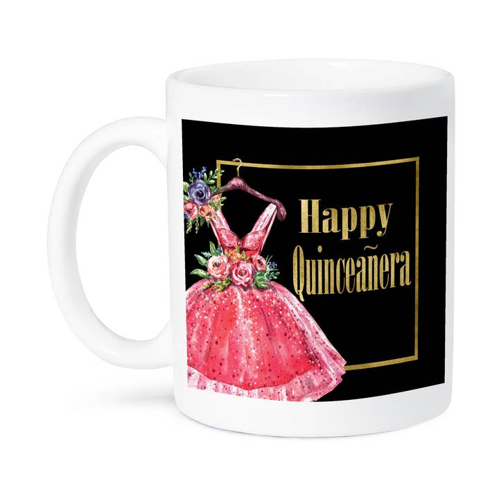 3dRose - Vente Tasse à café - 3dRose, Jolie robe rouge avec fleurs image de joyeux Quinceañera en or, Tasse8