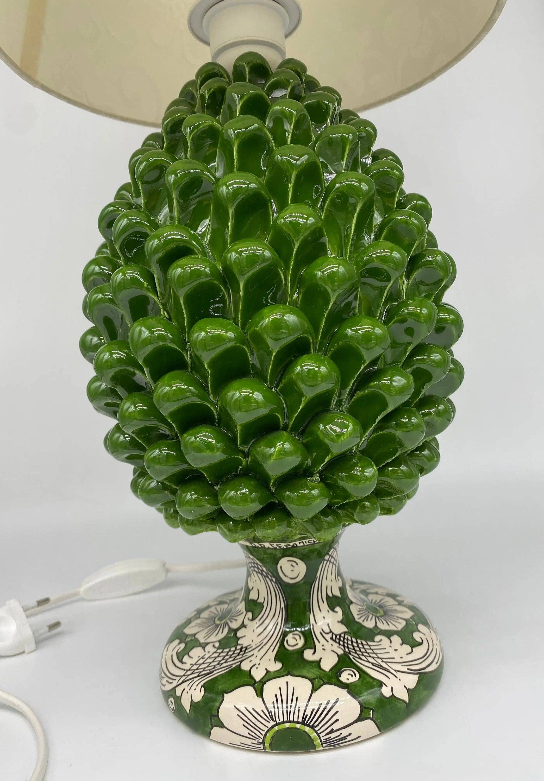 DD Ceramiche Siciliane - Wholesale Accent/Desk Lamp - Caltagirone Ceramic Pine Cone Lamp cm H.30 Handcrafted Olive Green Decorated Base2