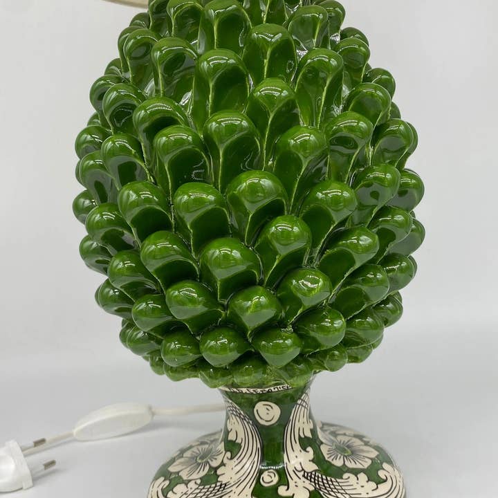 DD Ceramiche Siciliane - Wholesale Accent/Desk Lamp - Caltagirone Ceramic Pine Cone Lamp cm H.30 Handcrafted Olive Green Decorated Base2