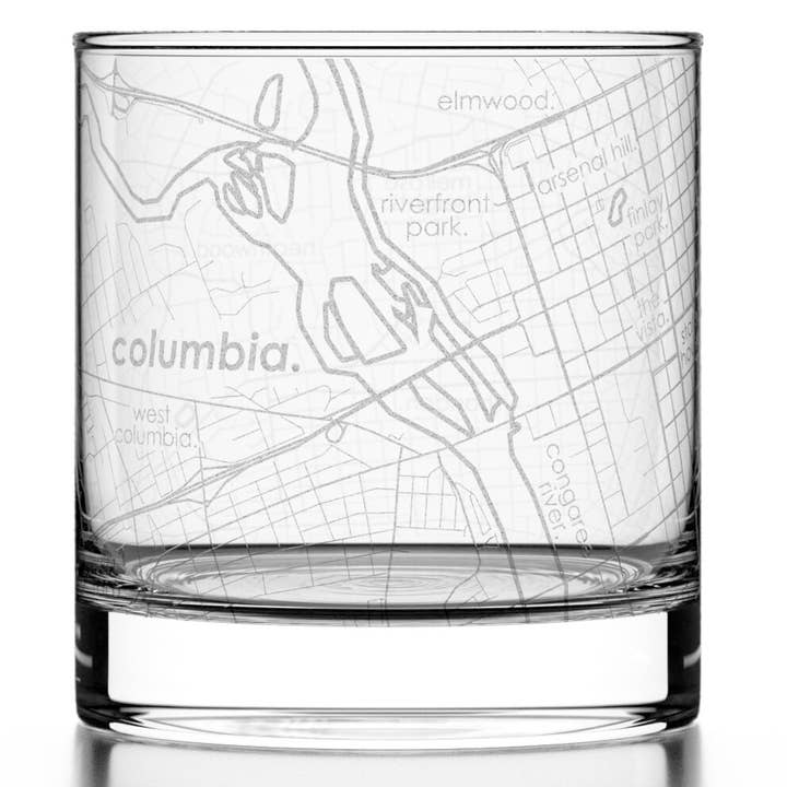 Columbia, SC City Map - Etched Whiskey Rocks Glass for wholesale by Well Told
