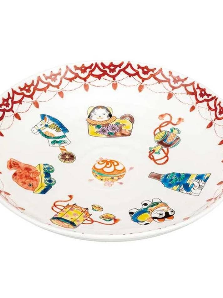 Plato pintado a mano Omocha-zukushi de 27 cm de Kutani-yaki para venta al por mayor de TheKutaniAtelier