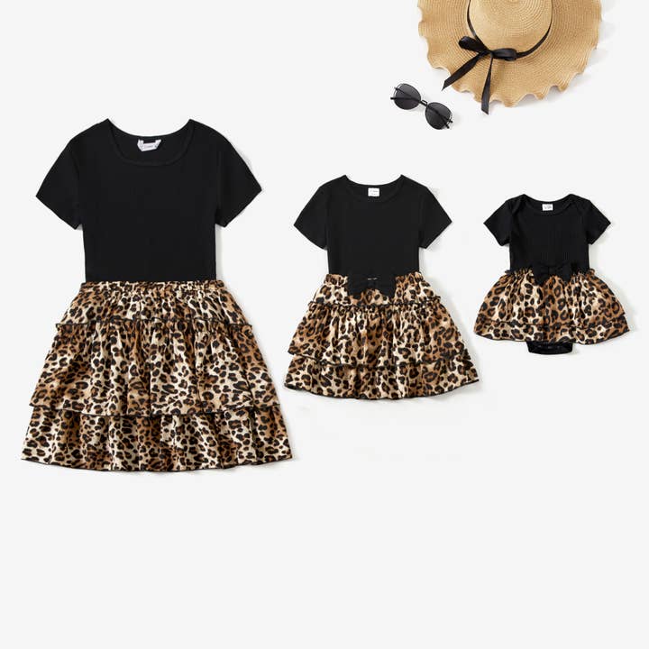 Mommy and Me Ribbed Black Top & Leopard Print Pleated Skirt for wholesale by PatPat Matching