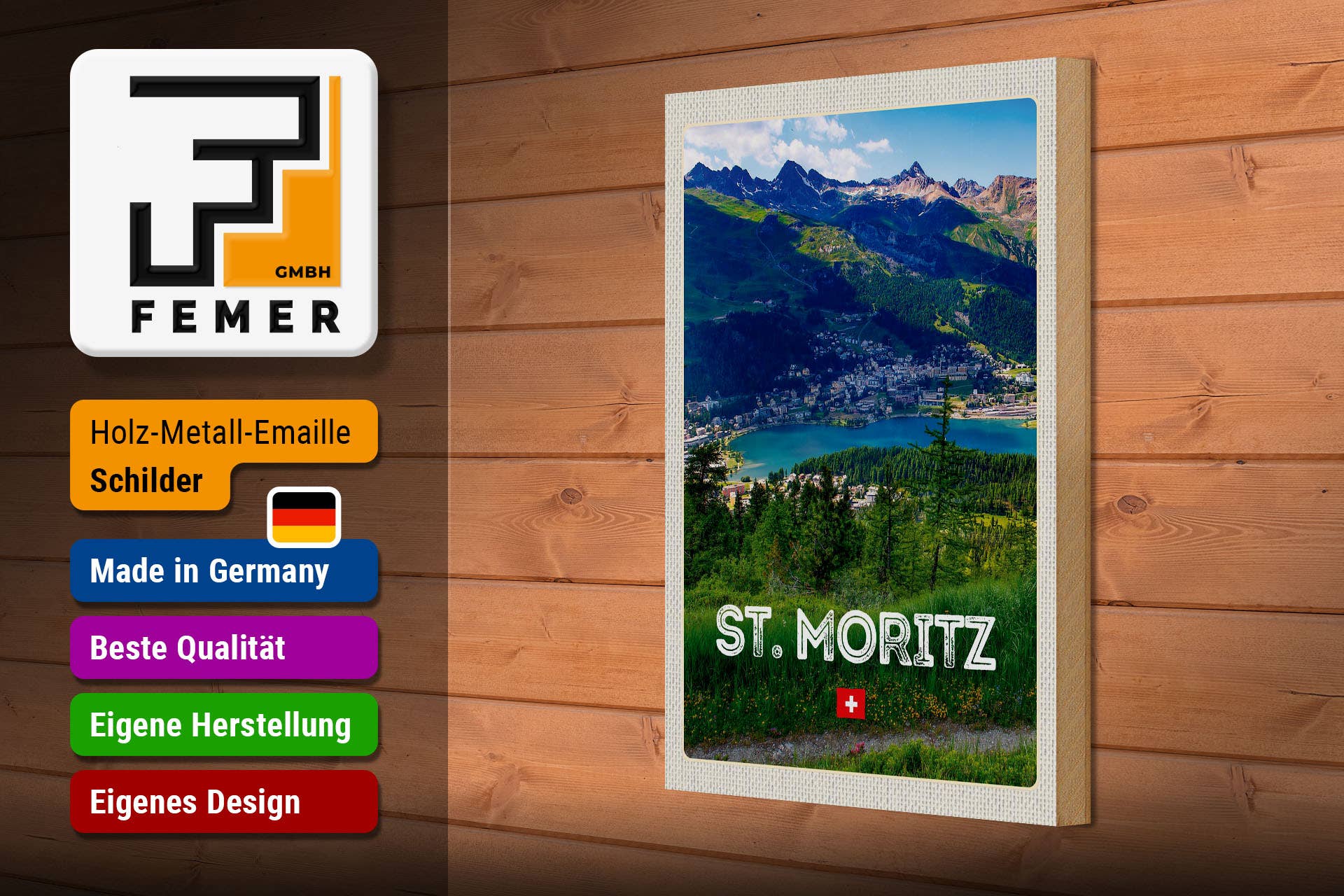 Femer – Großhandel Schilder – Holzschild Reise 20x30cm St. Moritz Österreich Ausblick2
