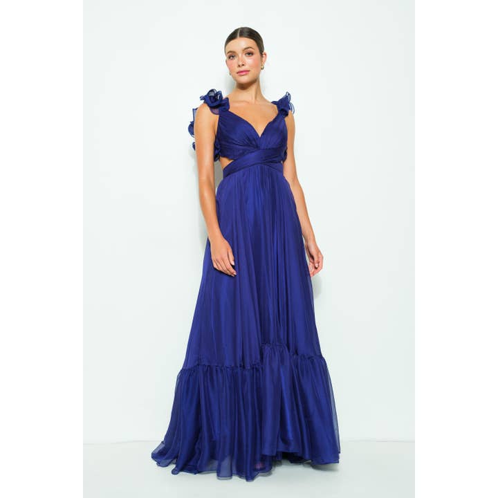 DEEP VIOLET Chiffon Ruffle Shoulder V Neck Maxi Dress for wholesale on Faire