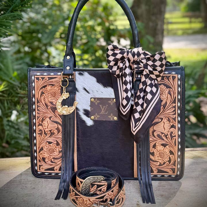 Southern Junkie Gypsy Boutique - Wholesale Tote bag – Women's - Upcycled LV Leather Cowhide Tote Crossbody Bag Western Boho0