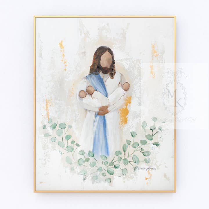 Held' Jésus et trois bébés - Impression sur papier de triplés pour la vente par Mackenzie Kissell Art
