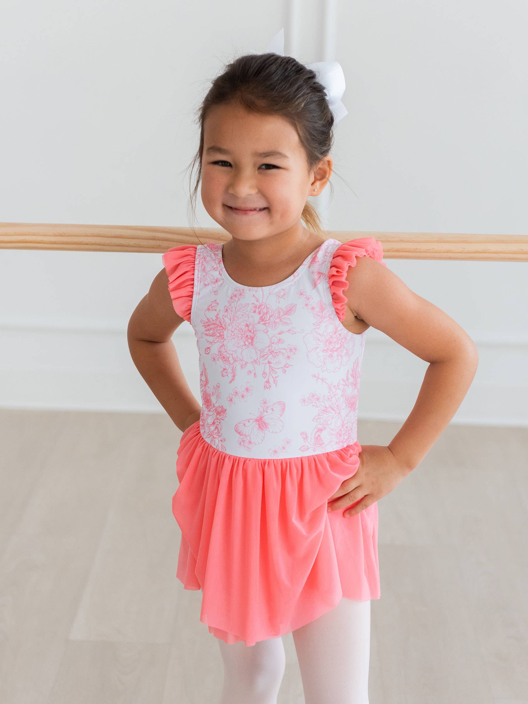 Girls Bubblegum Pink Butterfly Garden Toile Flutter Sleeve Dance & Gymnastics Leotard for wholesale on Faire7