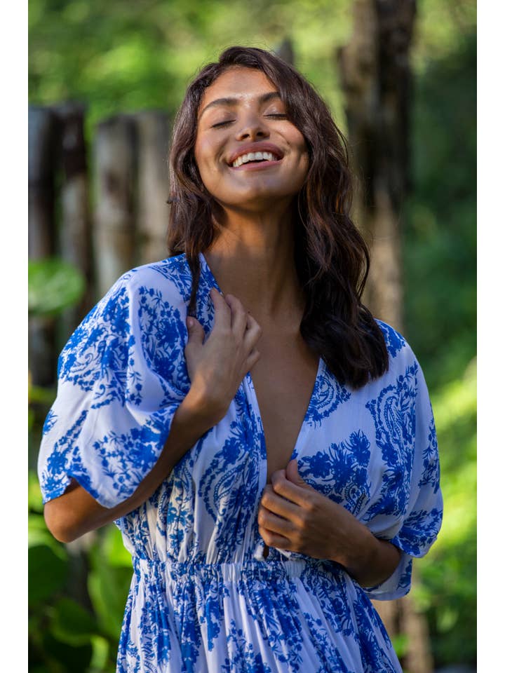 Bali Prema – wholesale Dress – Women's – Summer Double Slit Sexy Amy Kimono Maxi Dress in Premium St Johns Blue Diamond
