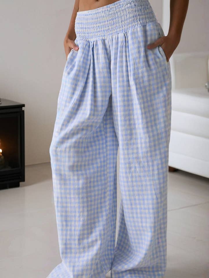 FB Gingham Plaid Smocked High Waist Pants for wholesale by FASHION BLVD