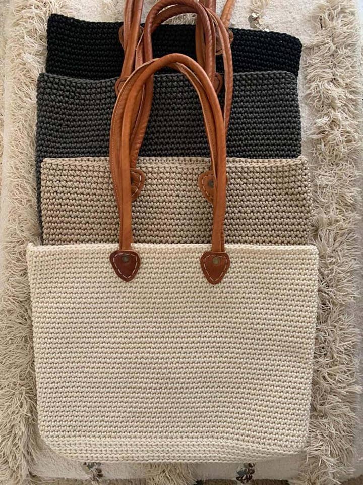 Rectangular Cotton Crochet Tote with Leather Handles for wholesale by Scents and Feel