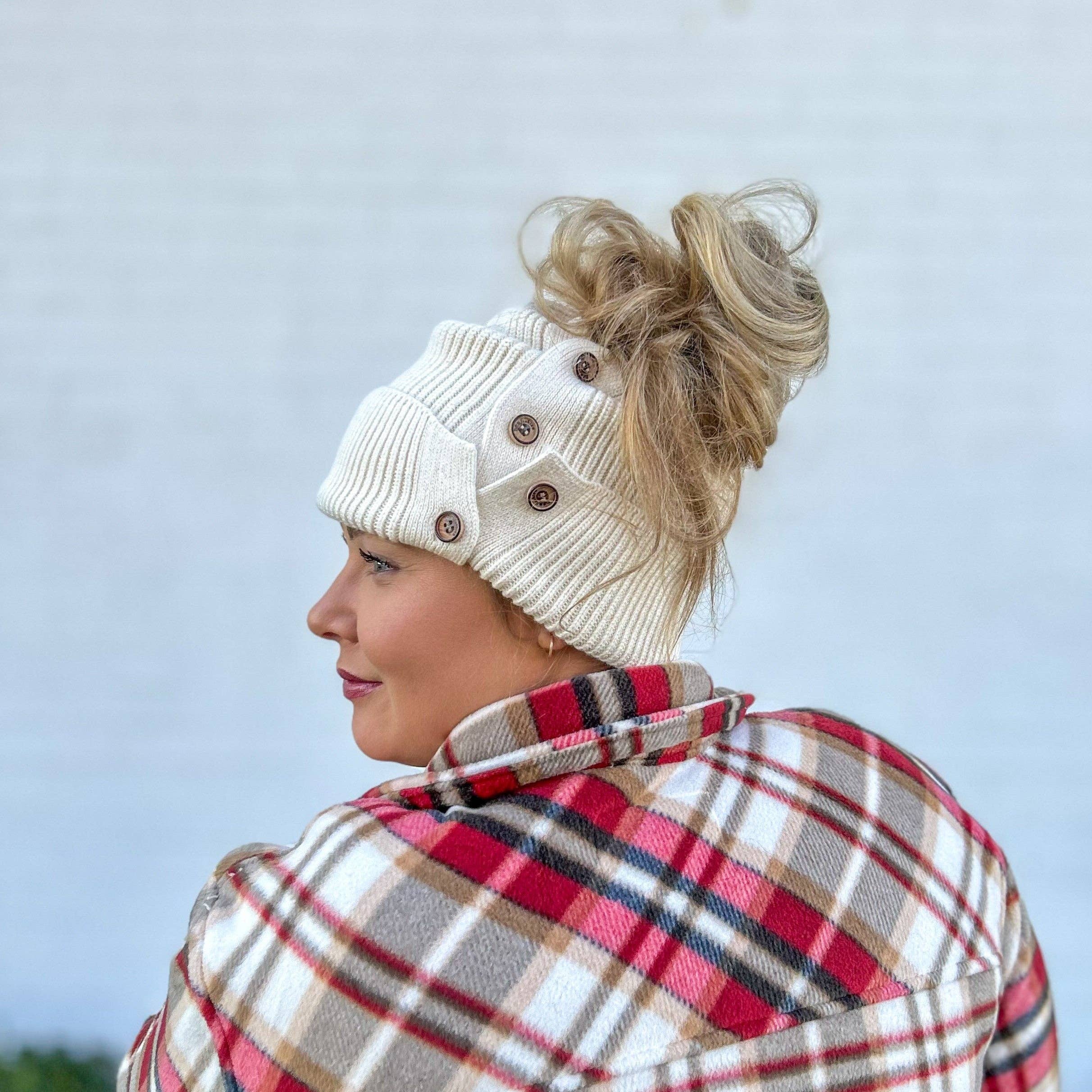 Red Sprite Hats - Wholesale Beanie - Women's - Button Up Beanie, Hidden Messy Bun Ponytail Winter Hat19