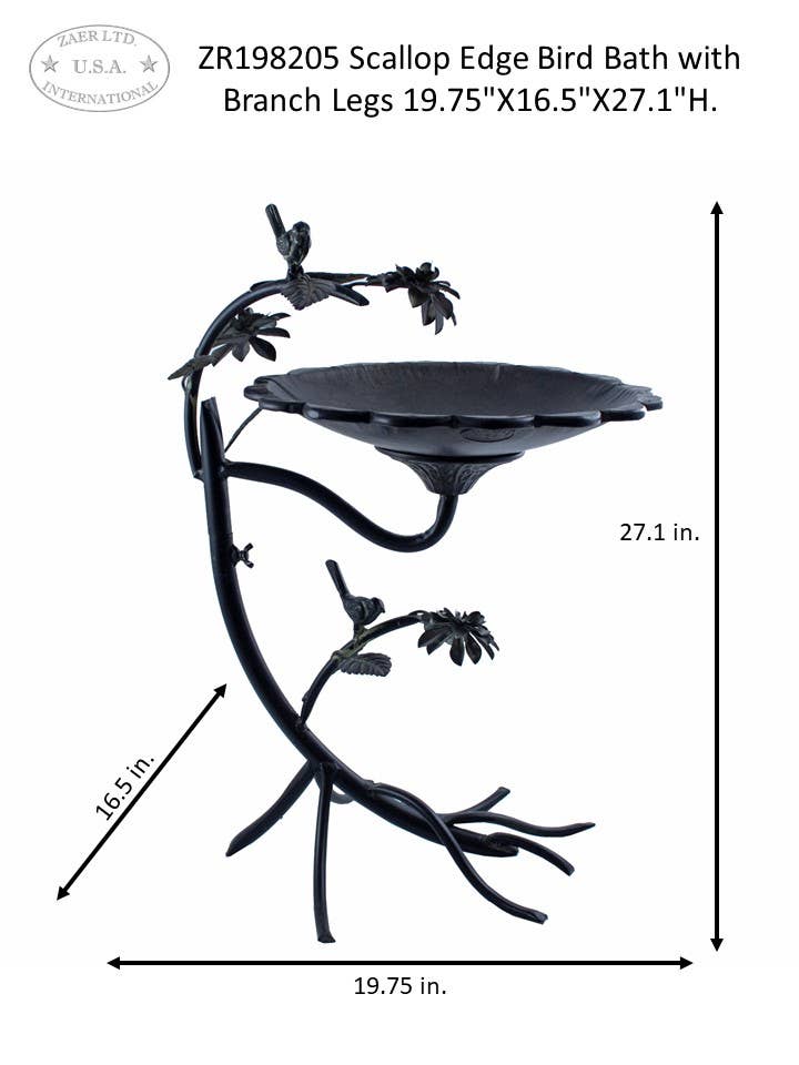 Zaer Ltd. International - Wholesale Bird Bath - Scallop Edge Birdbath with Branch Stand- 2 Color Options6