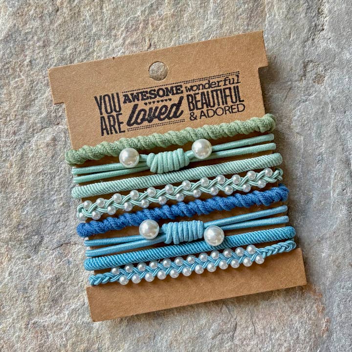 eastern ave studio - Wholesale Hair Tie - Hair Ties on Kraft Card | Greenish Blue Pearl0