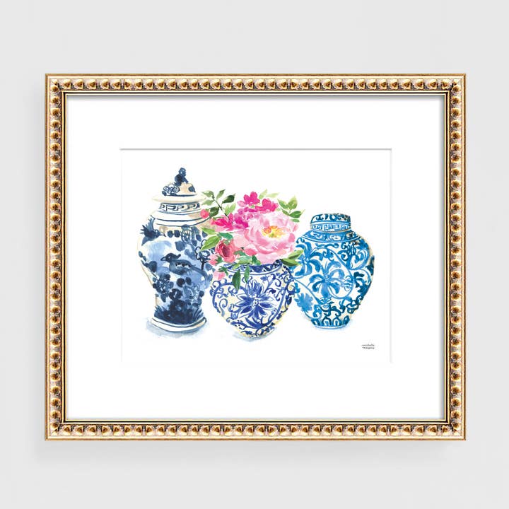 Watercolor Ginger Jar Bouquet No6 Print by Michelle Mospens for wholesale by Michelle Mospens