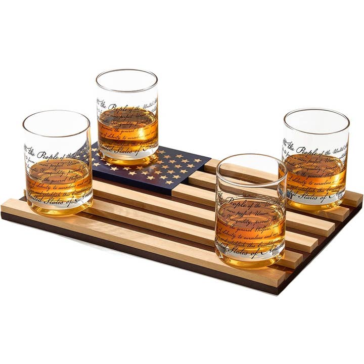 We The People American Flag Whiskey Glasses Wood Flag Base for wholesale by The Wine Savant /  Khen Glassware