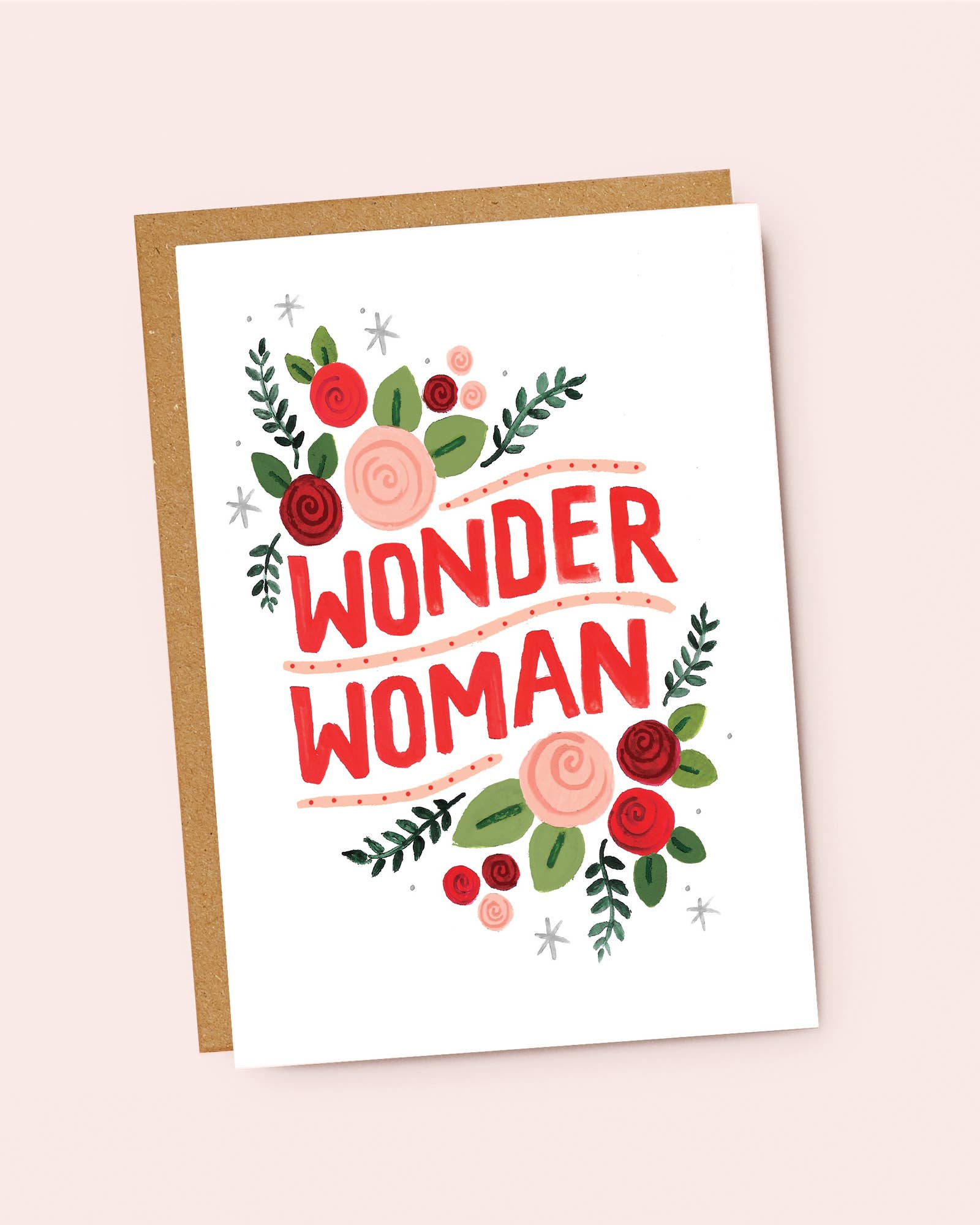 Jade Fisher – wholesale Friendship card – Wonder Woman - Red Floral Hand Lettered Card - Friend, Mum1
