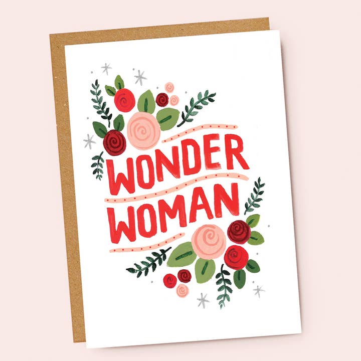 Jade Fisher – wholesale Friendship card – Wonder Woman - Red Floral Hand Lettered Card - Friend, Mum1