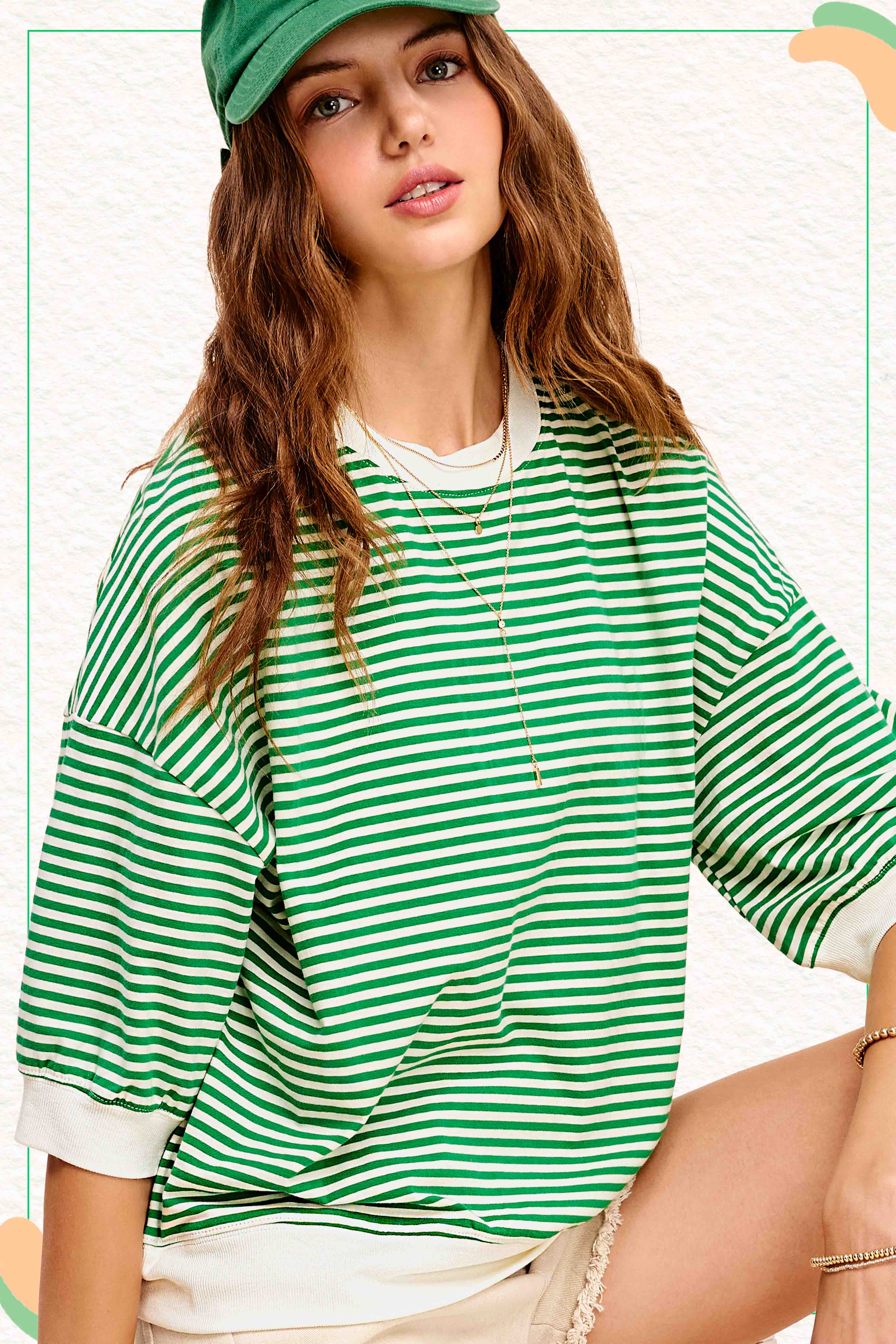 La Miel – Engroshandel Strikket top - Dame – MCT7688-løs pasform Stribet kortærmet top med rund halsudskæring13