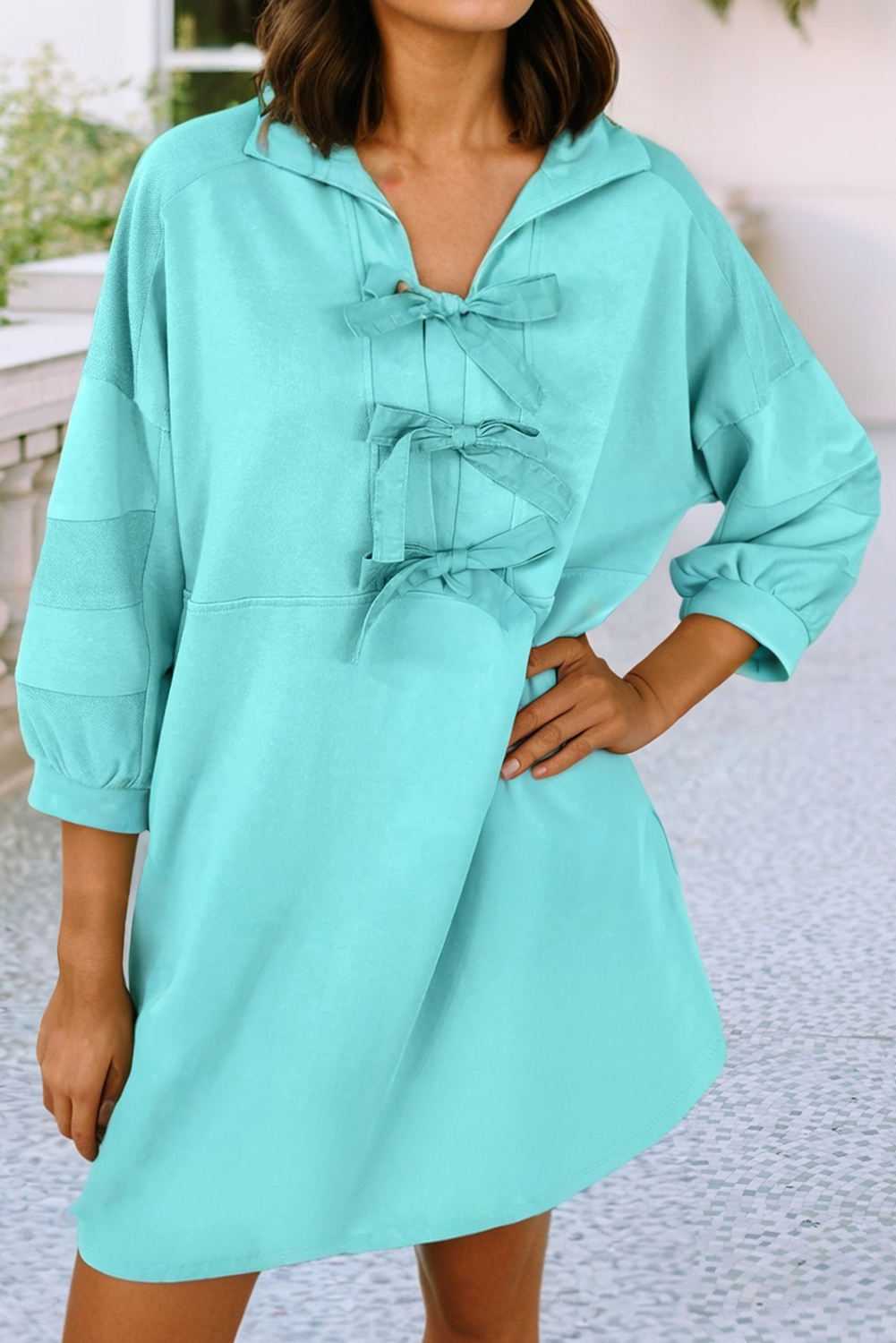 Moonlight Jade LDC Bow Bracelet Sleeve Collared Side Pocket Mini Dress for wholesale on Faire1