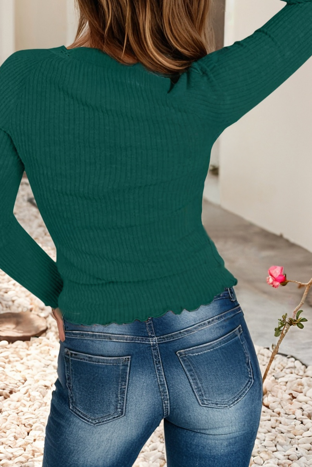 Little Daisy Closet - Wholesale Knit Top - Women's - LDC Lace U Neck Button Decor Lettuce Edge Ribbed Top9