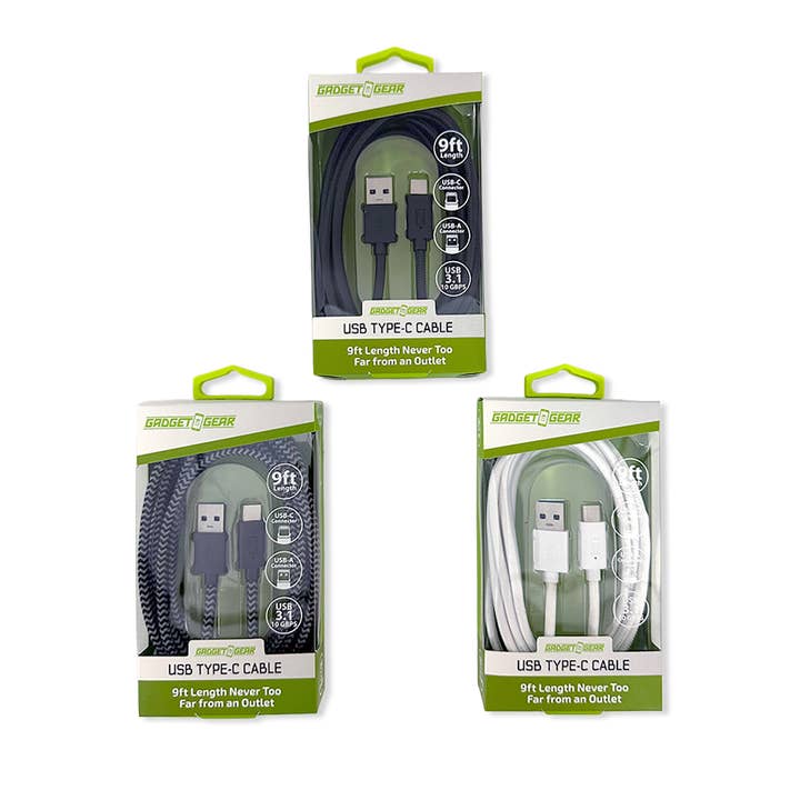 Novelty Brands - Wholesale Charging Cable - Gadget Gear USB to USB-C 9FT Charging Cable Boxed Assortment1