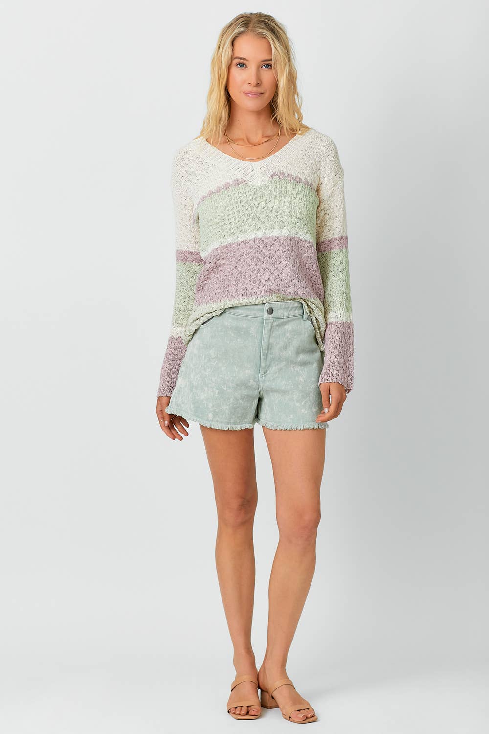 Marfil/Rosa 57462 Jersey con cuello en V de rayas múltiples de venta al por mayor en Faire2