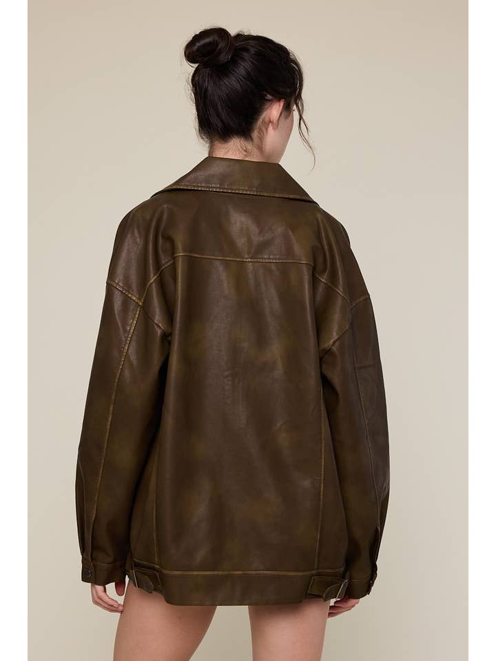 Sky to Moon - Wholesale Leather Jacket - Women's - FAUX LEATHER COLLARED OVERSIZED CASUAL JACKET3