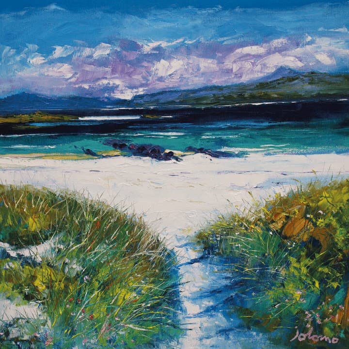 Tarjeta postal Jolomo Summerlight, sendero de playa Traigh Bhan Iona para venta al por mayor de Island Blue Publishing