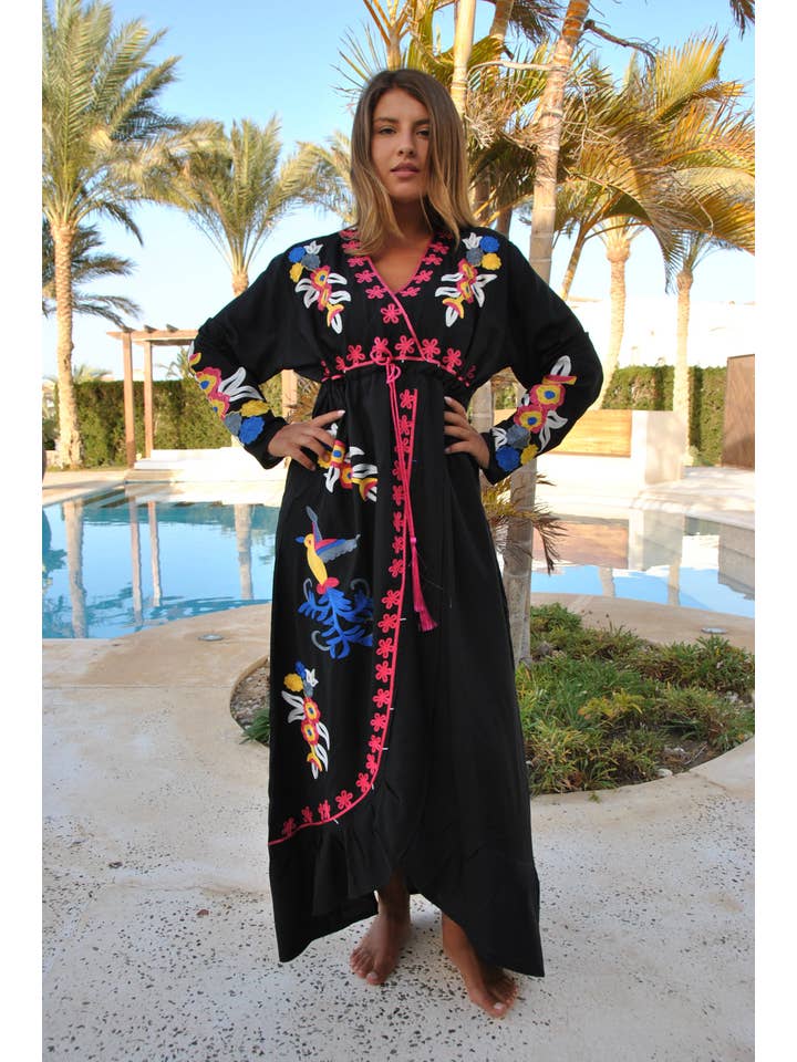 Gipci - Venta al por mayor Caftán - Mujer - Caftán bordado Black Birds, abertura abierta8