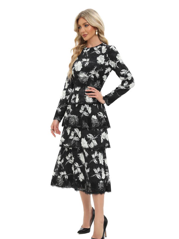 Monochrome Print Lace Detail Midi Dress for wholesale by Miss Finch NYC