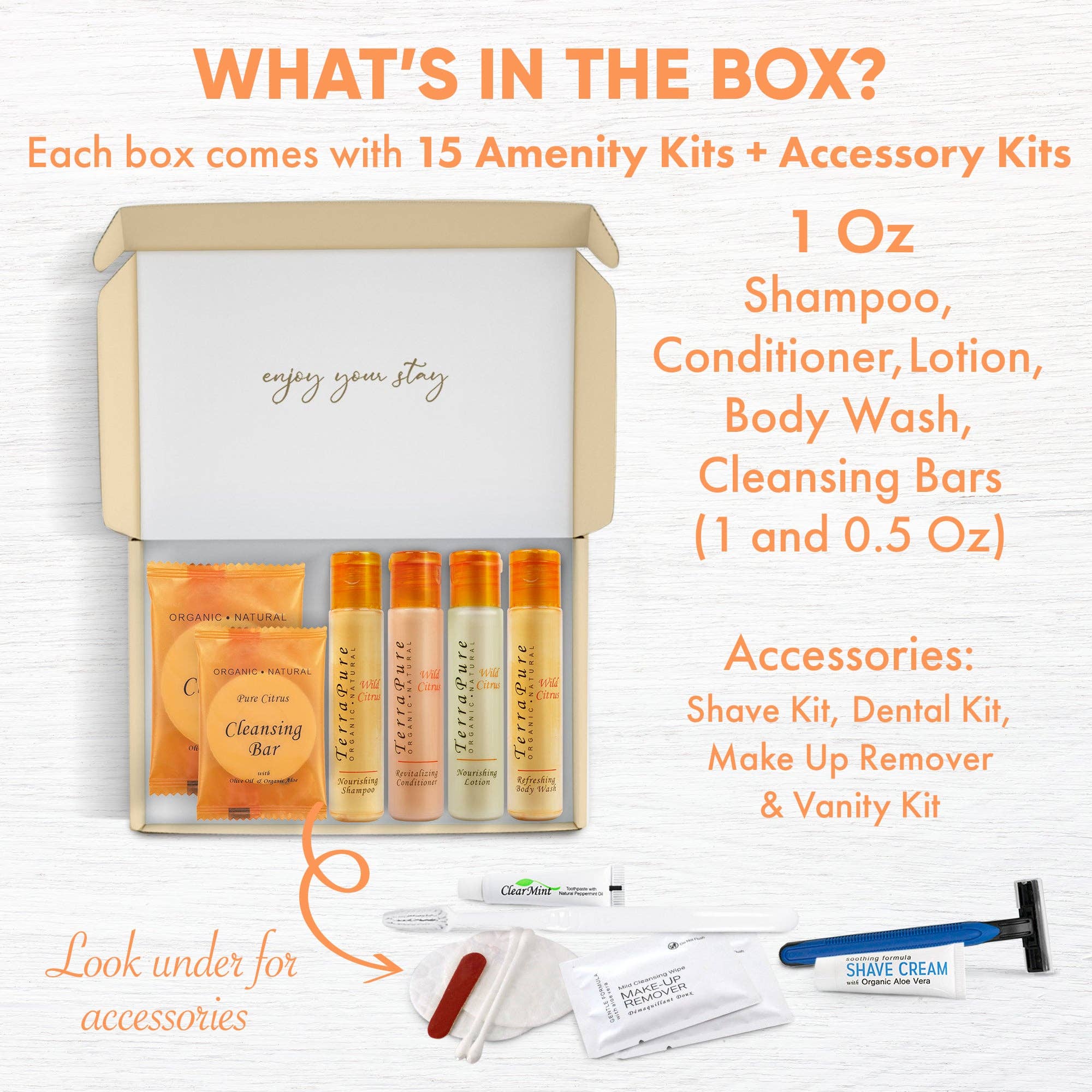 Diversified Hospitality Solutions - Wholesale Bath & body set - Terra Pure Amenity & Accessory Kit |1 oz Travel Size Shampoo, Conditioner, Lotion, Body Wash, 2 Cleansing Bars, Shave & Dental Sets, Make-Up Remover Wipes, & Vanity Kit | 15 sets per case2