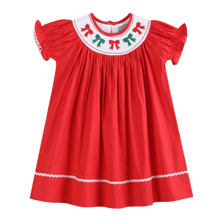 Lil Cactus - Wholesale Dress - Kids - Red Christmas Bows Smocked Bishop Dress0