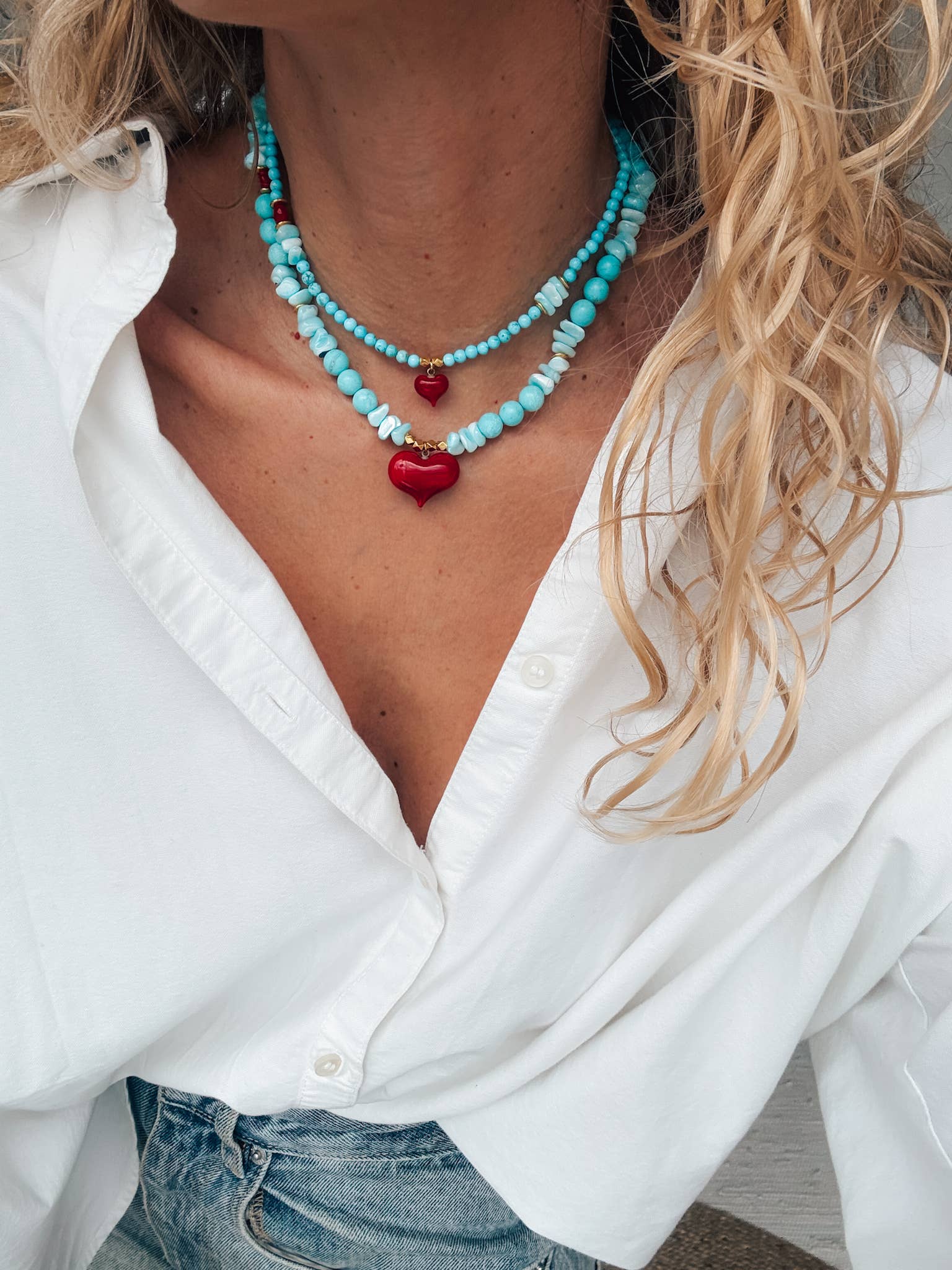 Goupi - Wholesale Kralen/parelketting - Hoeliet turquoise kralen ketting met rood hart, set van twee11