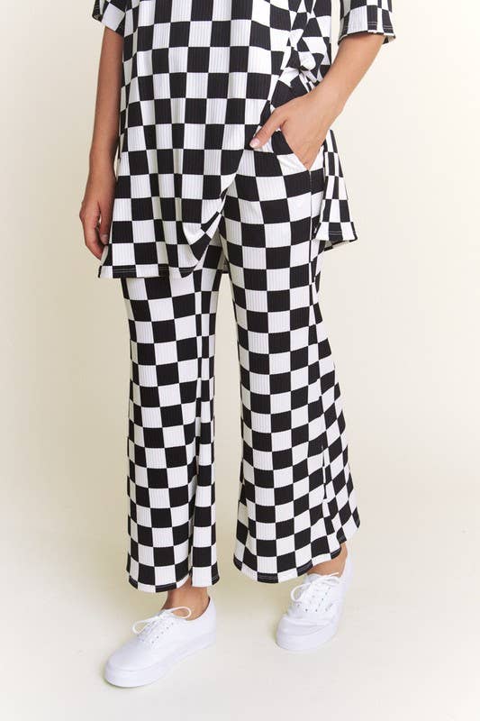 JADE BY JANE - Wholesale Lounge Set - Women's - RIBBED CHECKERED PRINT TOP/STRAIGHT LEG PANTS SET9