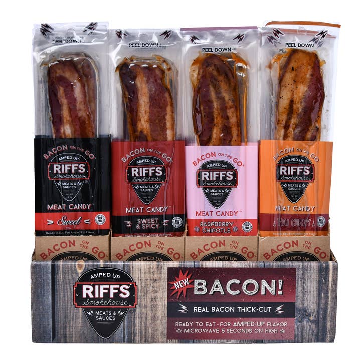 Grandpa Joe's Candy Shop - Wholesale Retailer Display - Food & Drink - Display Box, Riffs Bacon on the Go, Incudes 4 Flavors, 48ct