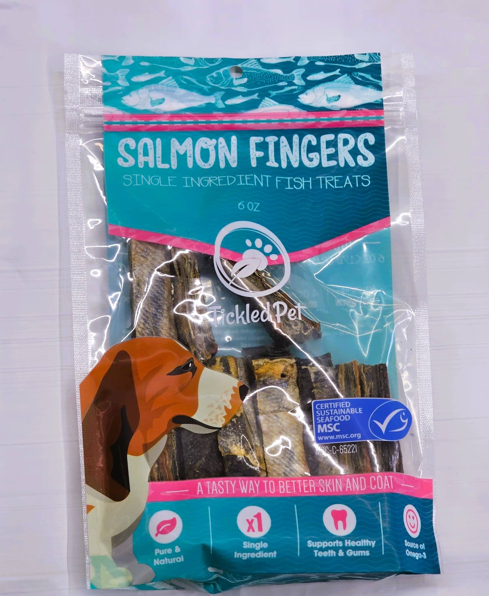 TickledPet - Wholesale Pet Treats - Dog - Salmon Finger 6 oz retail bag0
