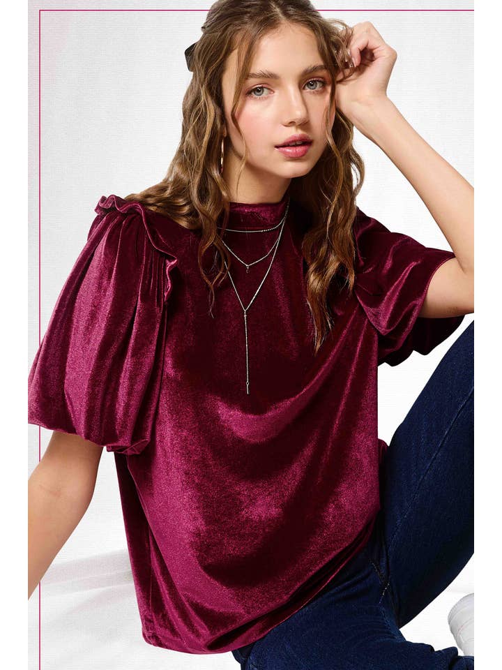 La Miel - Wholesale Blouse - Women's - HCT7681-Velvety Puff Fall Winter Short Sleeve Top