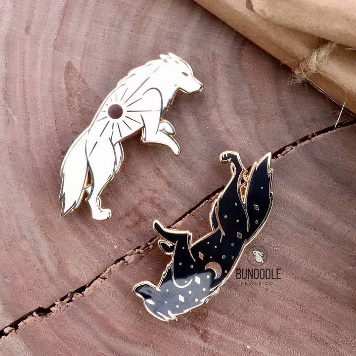 Bunoodle Design Co. - Wholesale Lapel Pin/Button - Sun and Moon Wolf Enamel Pins
