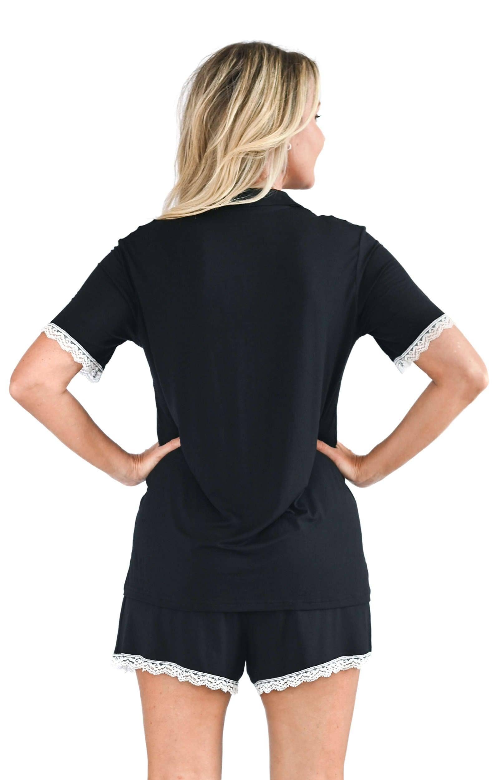 Shapeez - Vente Haut et bas de pyjama – femme - Ensemble de pyjama court en bambou pour femmes avec dentelle5