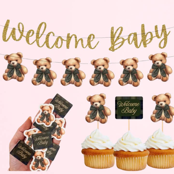 Plaid Bear Baby Shower Party Kit | Classic Neutral for wholesale by Pretty Party Company