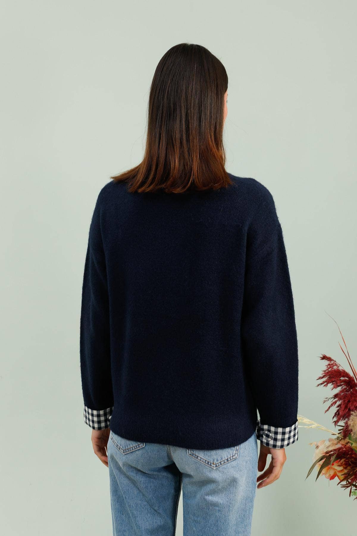 Blu Maglia a tinta unita con maniche in tessuto vichy blu SCF005 in vendita all'ingrosso su Faire1