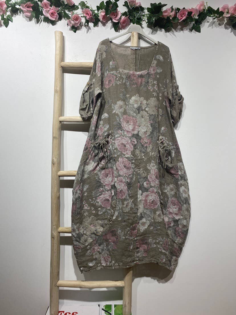 la maison des fibres naturelles – Großhandel Kleid – Damen – Leinenkleid mit floralem Muster, 100 % Leinen, Modell 679672