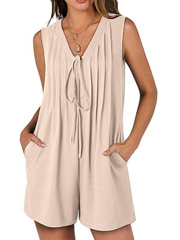 Wholesalesir - Wholesale Romper - Women's - Loose Sleeveless Pleated Front Lace Up Jumpsuit Pocket1