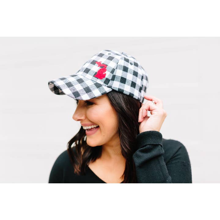 Simply Stated - Wholesale Baseball Cap - Women's - Hat // Michigan ~ White Plaid Flannel Hat + Red Felt MICHIGAN2