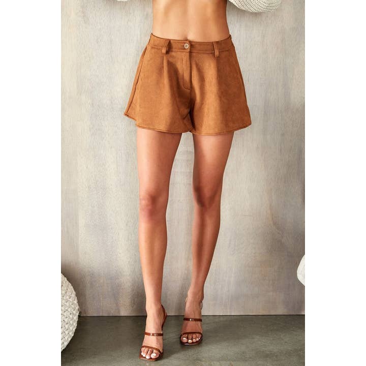 FAUX SUEDE FLOWY SHORT WITH SIDE POCKETS(13020-SUEDE-CAMEL) for wholesale by VENTI6