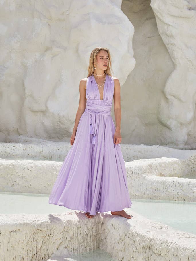 Vestido longo Kenza com cinto em lilás pastel por atacado de Black Book The Label