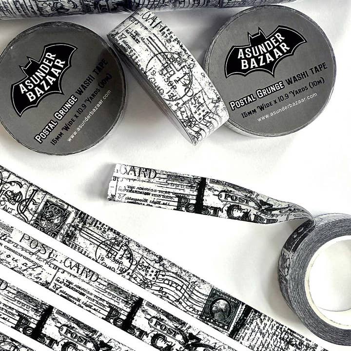 Postal Grunge Washi Tape 10.9 Yard Roll 15mm Black White for wholesale by Asunder Bazaar