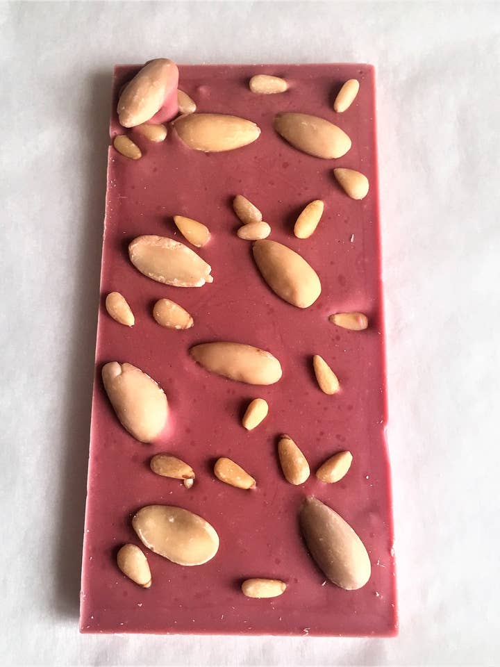 Ruby Chocolate with Marcona Almonds & Pine Nuts Bar 100g for wholesale by Anthony James Chocolate